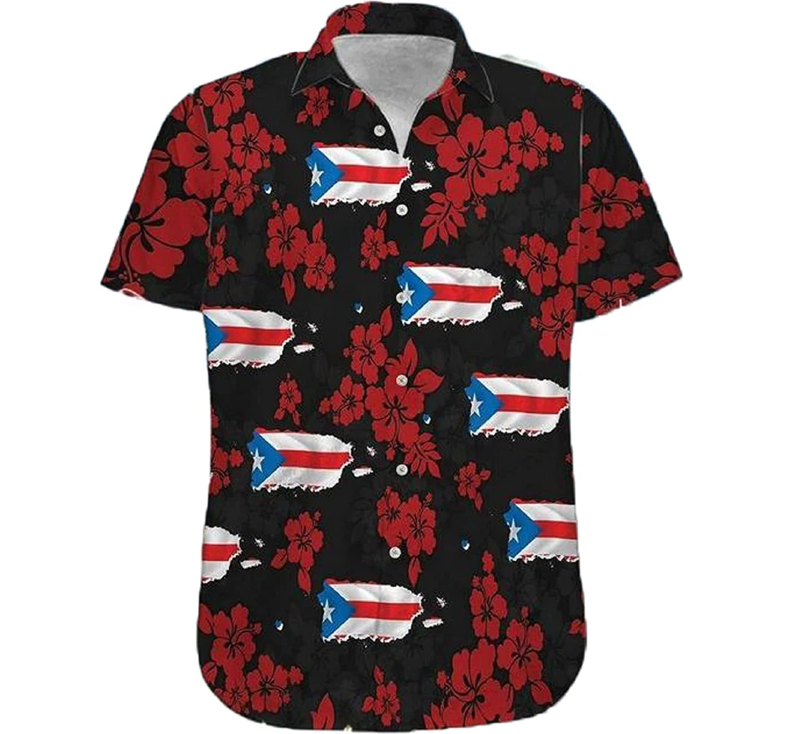 Puerto Rico - Hibiscus Flower Gift And White Hawaiian Shirt, Button Up Aloha Shirt For Men, Women