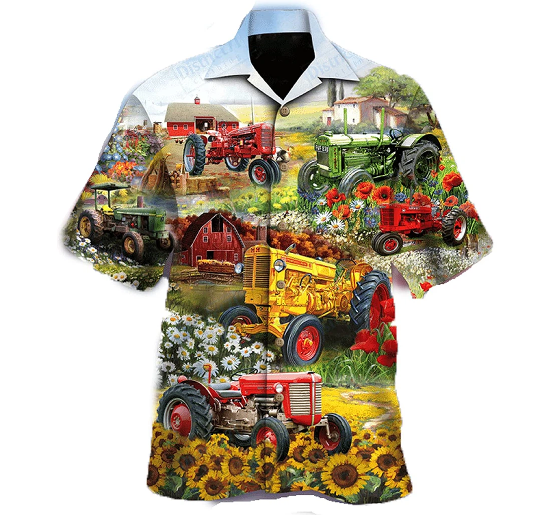 Blooming Flowers In Spring And Tractors Farm Lover, Gift And White Hawaiian Shirt, Button Up Aloha Shirt For Men, Women