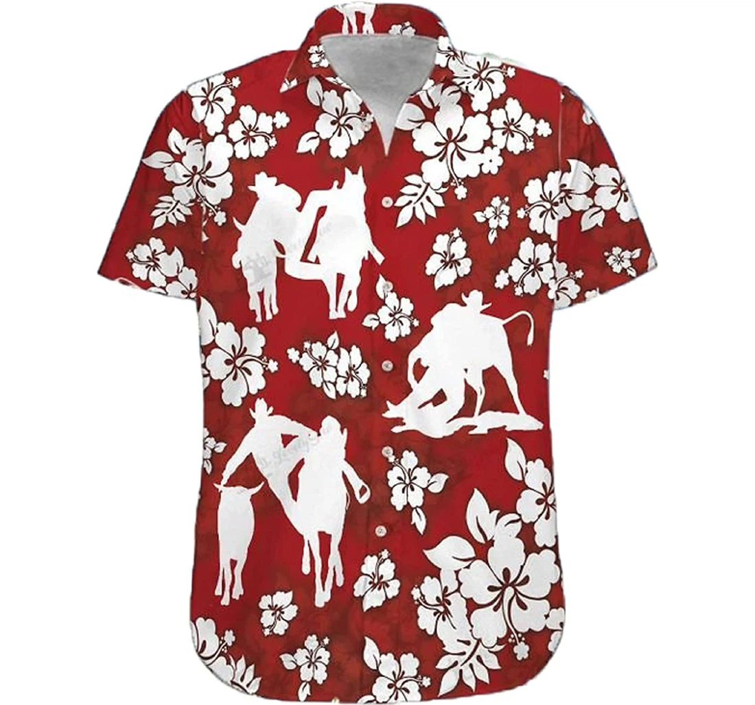 Cowboy - Steer Wrestling Hibiscus Pattern Gift Cowboy White Hawaiian Shirt, Button Up Aloha Shirt For Men, Women