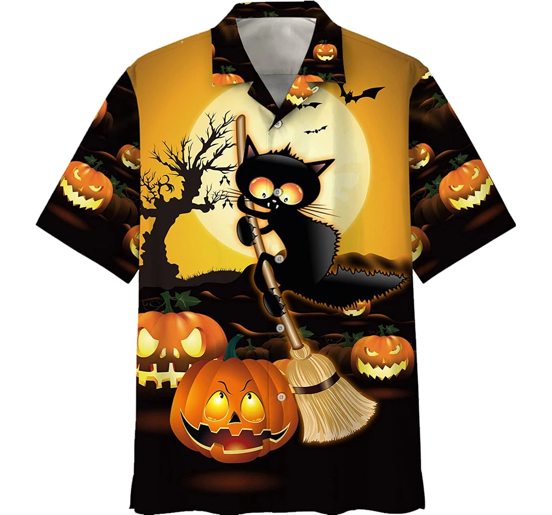 Pumpkin Famille - Black Cat Flamingo Halloween Hawaiian Shirt, Button Up Aloha Shirt For Men, Women