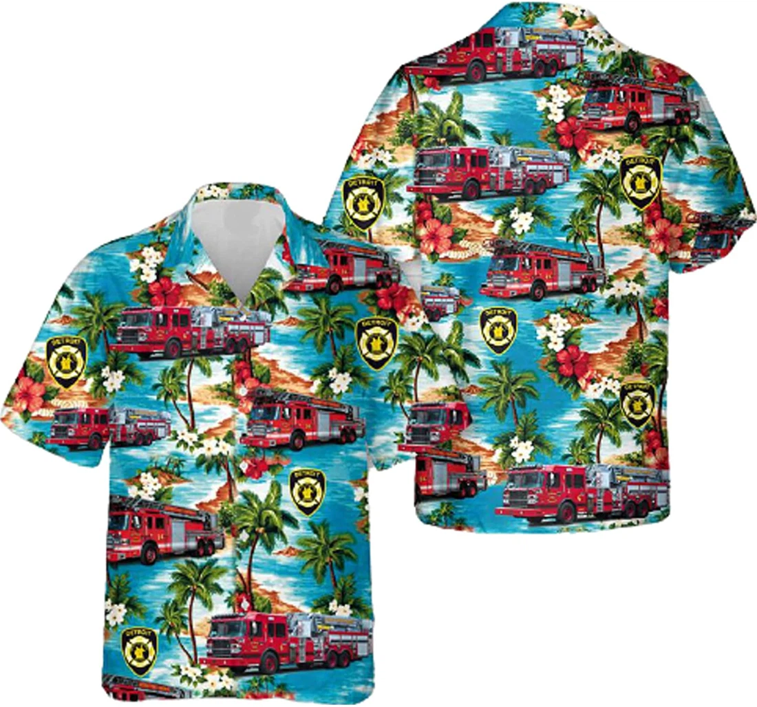 Palm Tree And Flower Detroit Fire Department White Hawaiian Shirt, Button Up Aloha Shirt For Men, Women