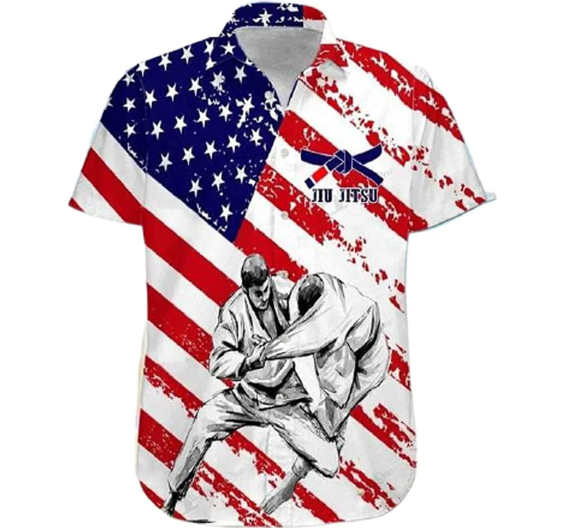 Flag And Jiu Jitsu American White Hawaiian Shirt, Button Up Aloha Shirt For Men, Women