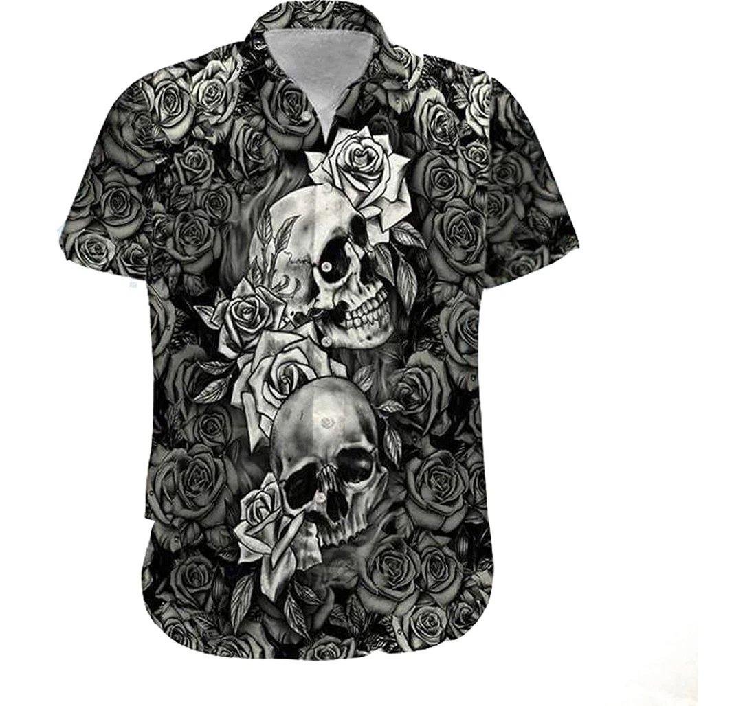 Black And White Skull Rose Gifts And Hawaiian Shirt, Button Up Aloha Shirt For Men, Women