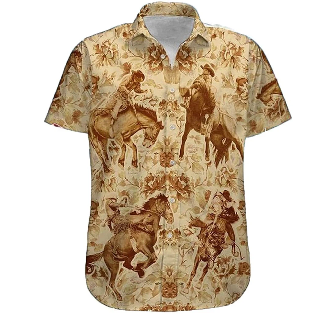 Cowboy - Saddle Bronc Hibiscus Pattern Gift Cowboy White Hawaiian Shirt, Button Up Aloha Shirt For Men, Women