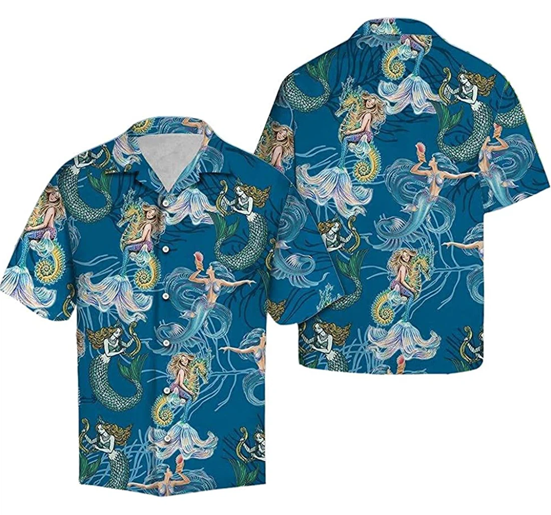 Lovely Mermaid Pattern Soft Hawaiian Shirt, Button Up Aloha Shirt For Men, Women
