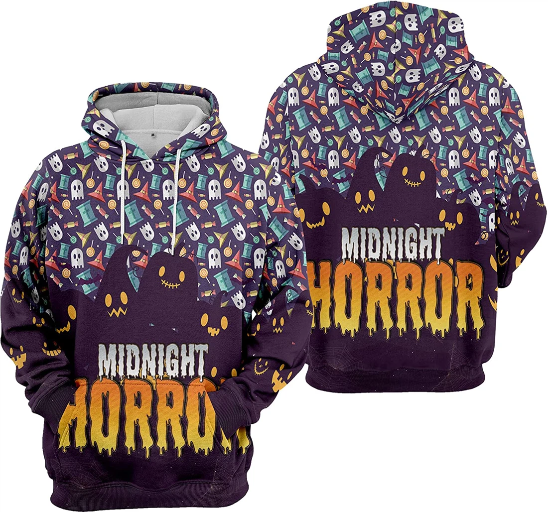 Midnight Horror Cat Bat Cobweb Seamless Pattern Halloween - 3D Printed Pullover Hoodie