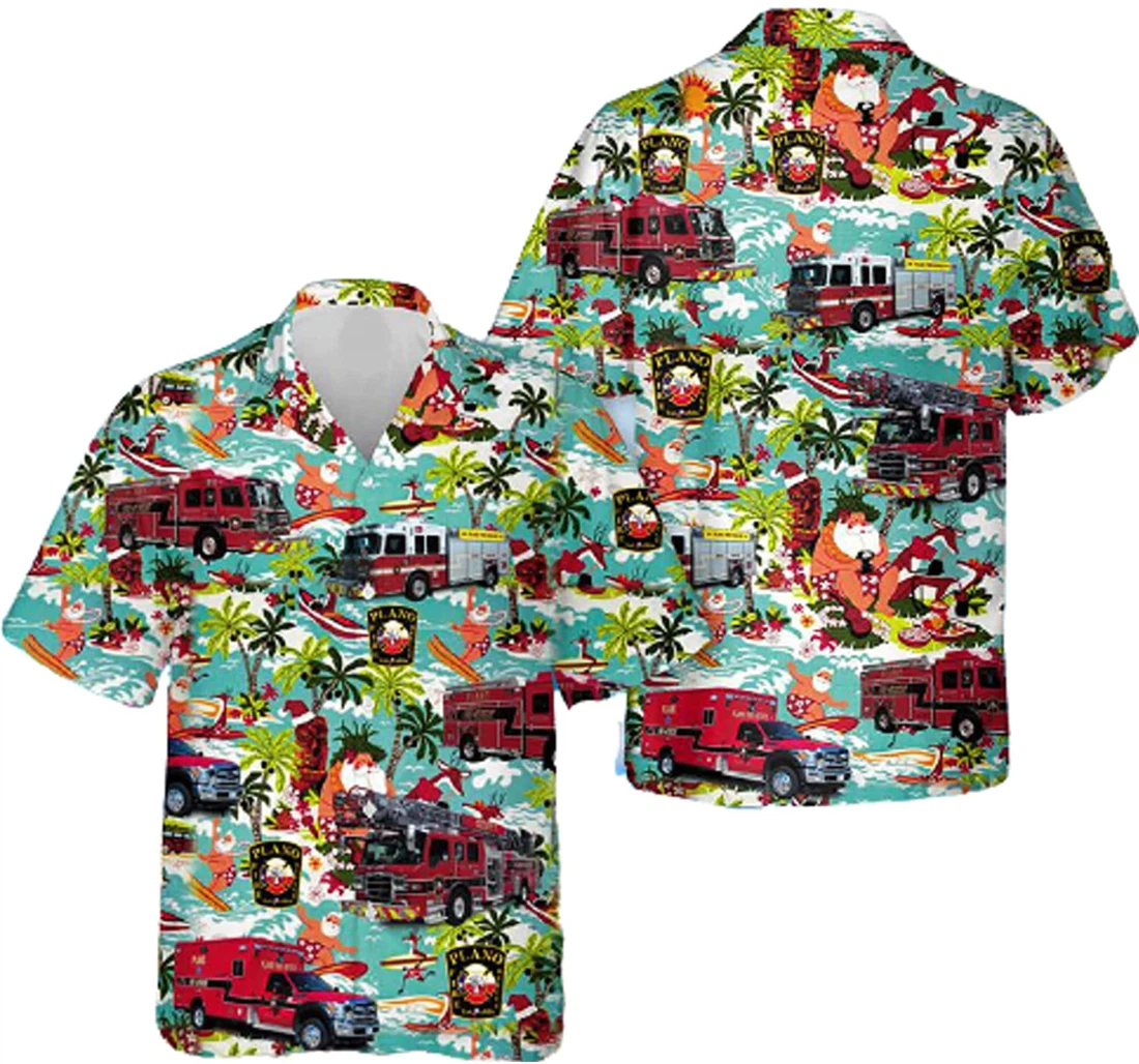 Sea Palm Tree Santa Claus Texas Plano Fire- Rescue Christmas White Hawaiian Shirt, Button Up Aloha Shirt For Men, Women