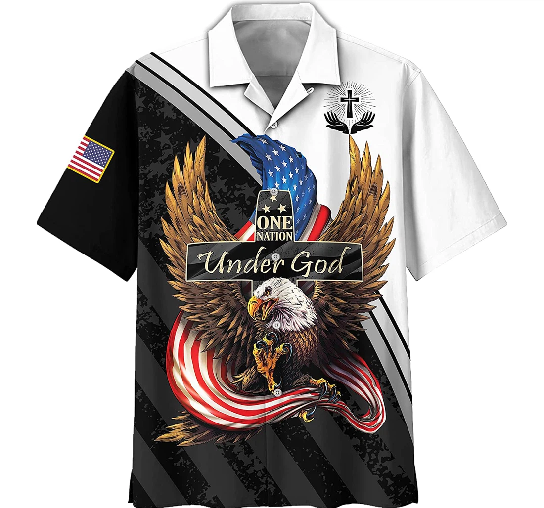 Eagle & Jesus - One Nation Under God Cross And American Flag White Hawaiian Shirt, Button Up Aloha Shirt For Men, Women