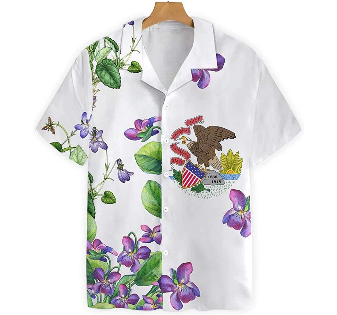 Illinois Flag Viola Sororia And Flower Gift And White Hawaiian Shirt, Button Up Aloha Shirt For Men, Women