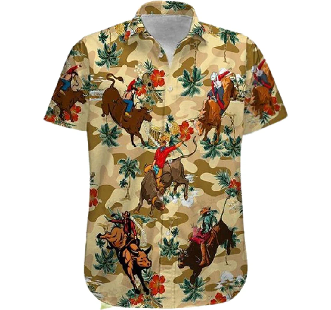 Cowboy Bull Riding Colorful Tree And Flower White Hawaiian Shirt, Button Up Aloha Shirt For Men, Women