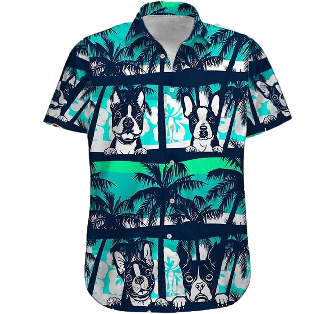 Boston Terrier On The Beach - Hibiscus Flower And Palm Tree Dog Lover White Hawaiian Shirt, Button Up Aloha Shirt For Men, Women