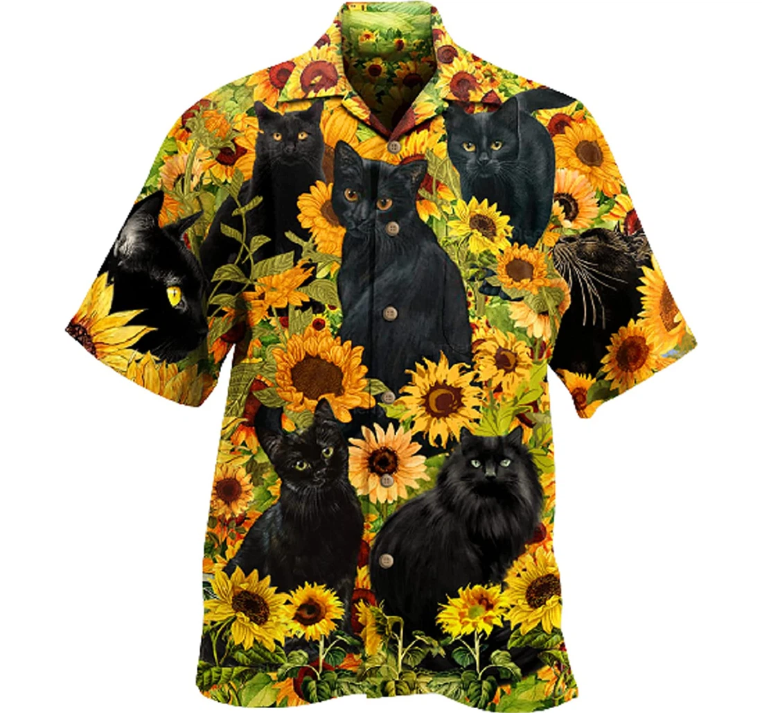 Black Cat Love Sunflower Gifts And Hawaiian Shirt, Button Up Aloha Shirt For Men, Women