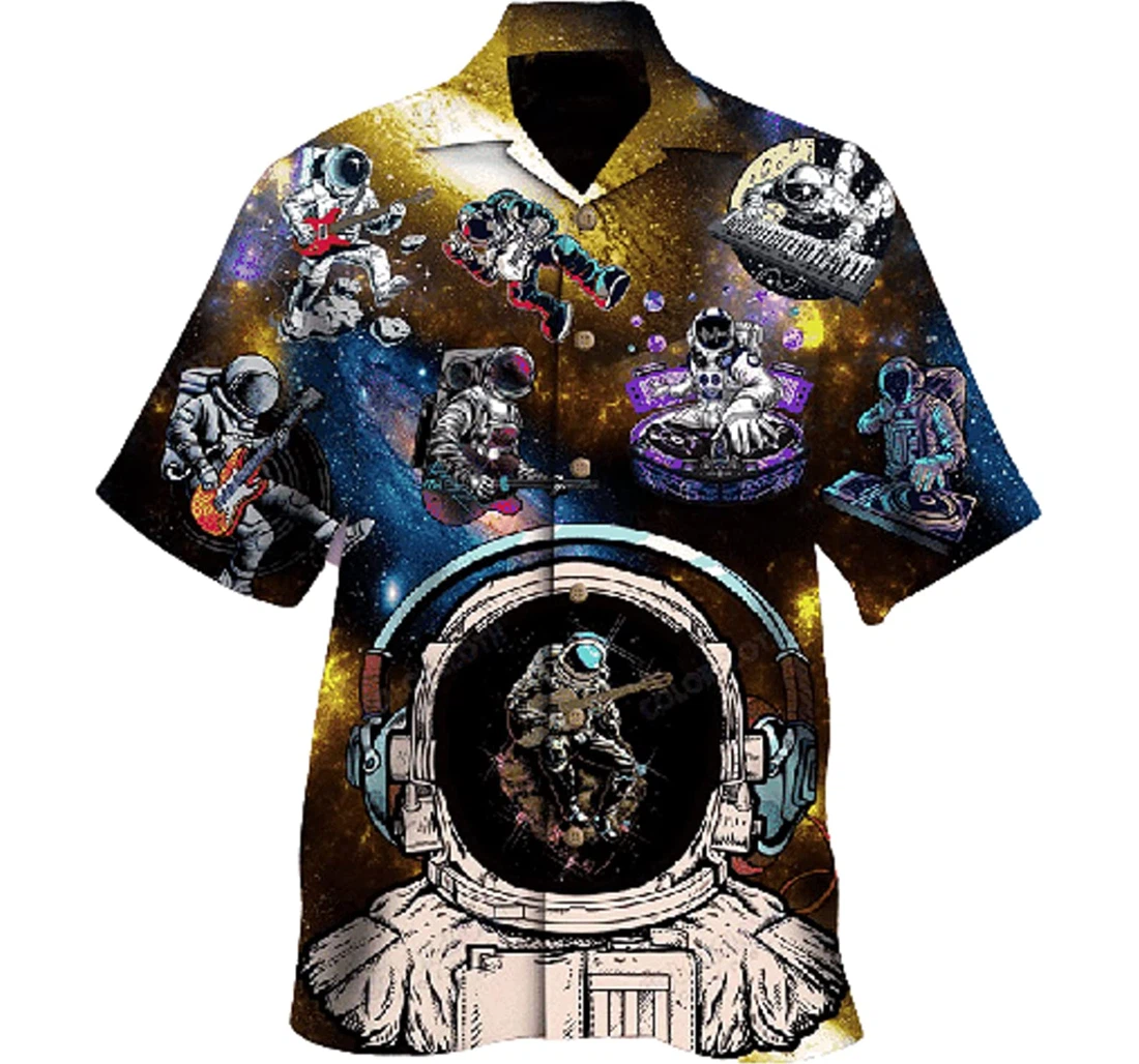 Astronaut Guitar, Piano, Galaxy Music Space Gift Man And White Hawaiian Shirt, Button Up Aloha Shirt For Men, Women