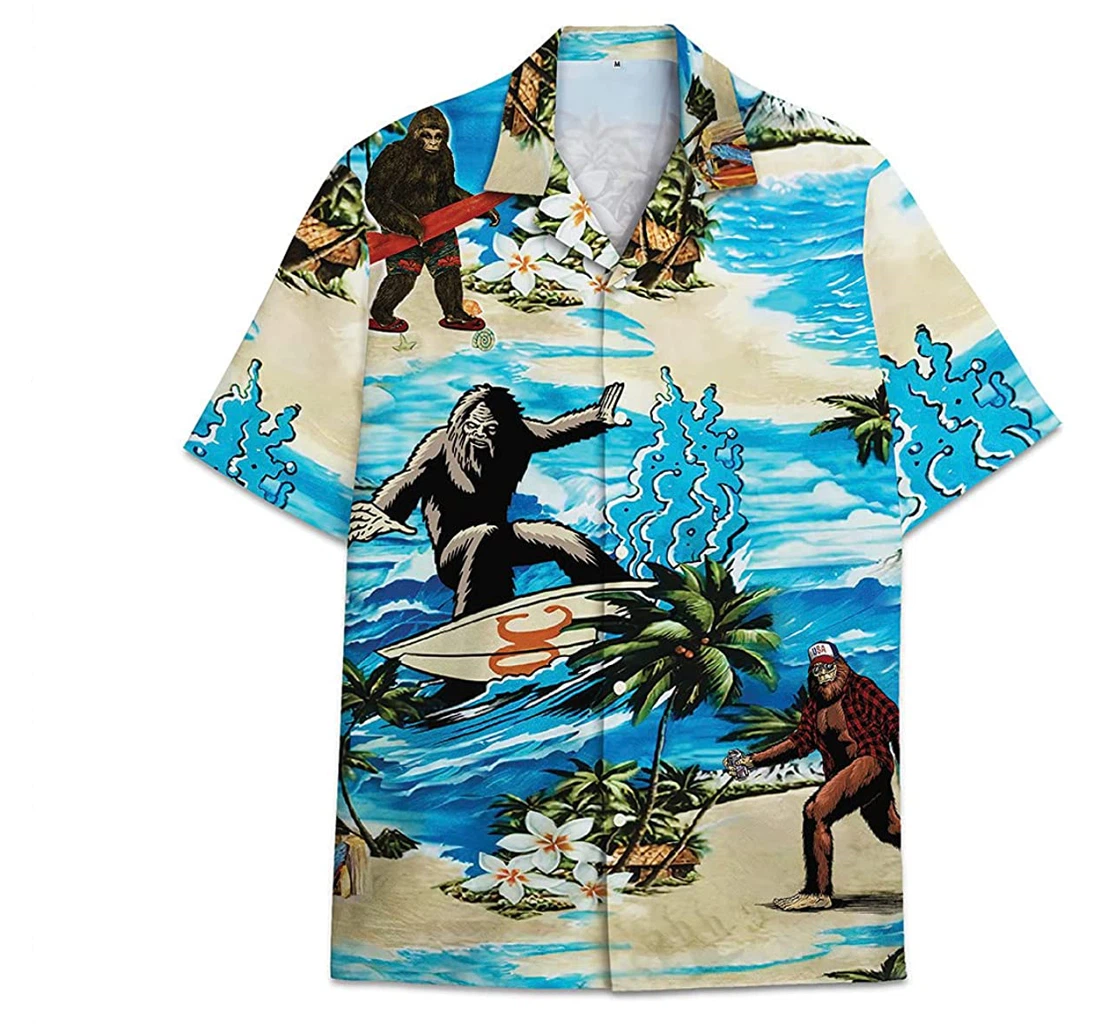 Bigfoot Surfing Beach Palm Funny Beach Shirts Hawaiian Shirt, Button Up Aloha Shirt For Men, Women