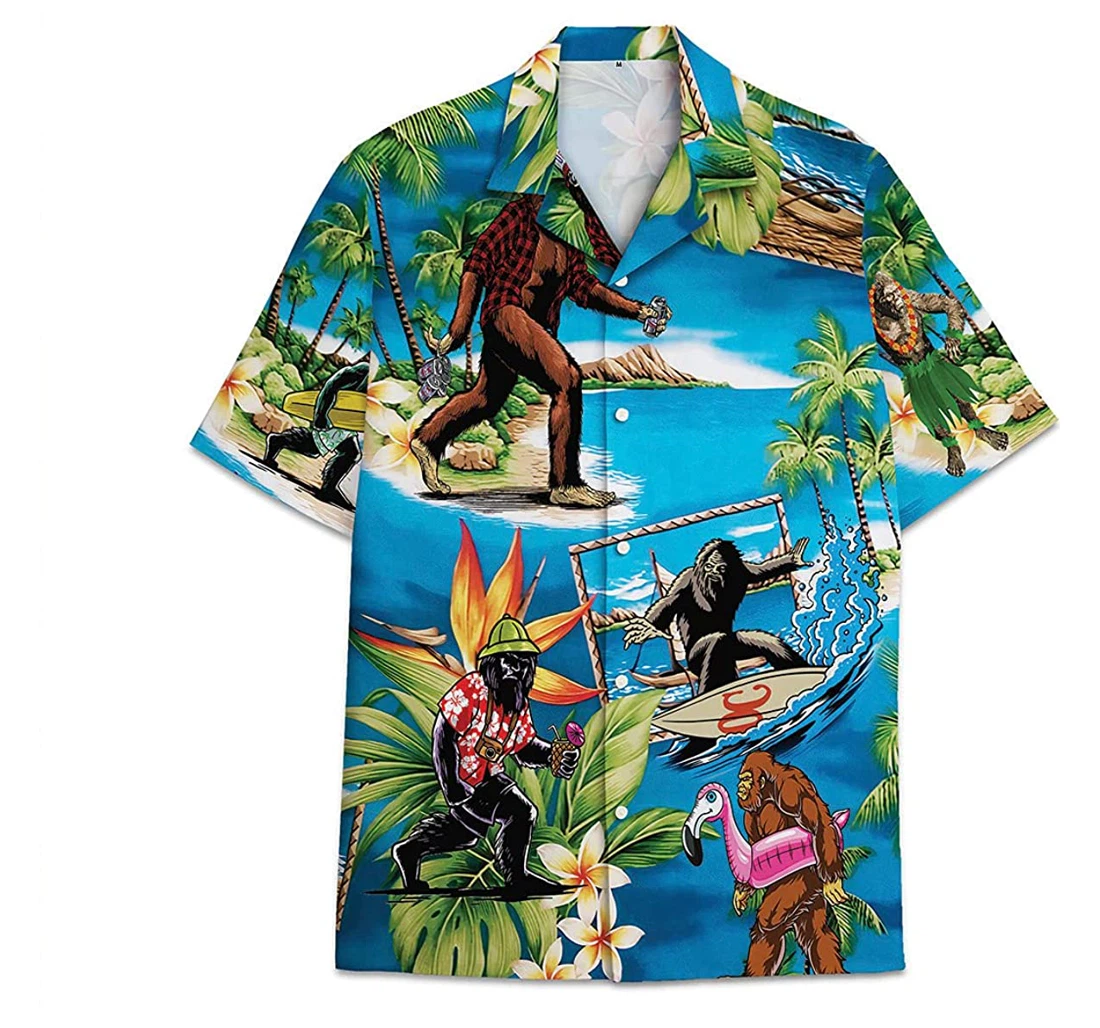 Bigfoot Beach Palm Funny Beach Shirts Avic Hawaiian Shirt, Button Up Aloha Shirt For Men, Women