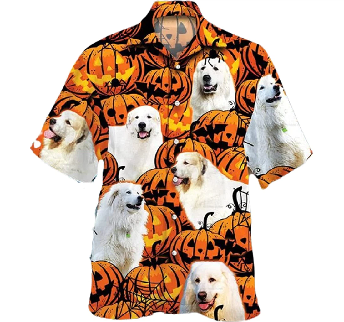 Great Pyrenees Dog Lovers Halloween Pumpkin Gifts And White Hawaiian Shirt, Button Up Aloha Shirt For Men, Women