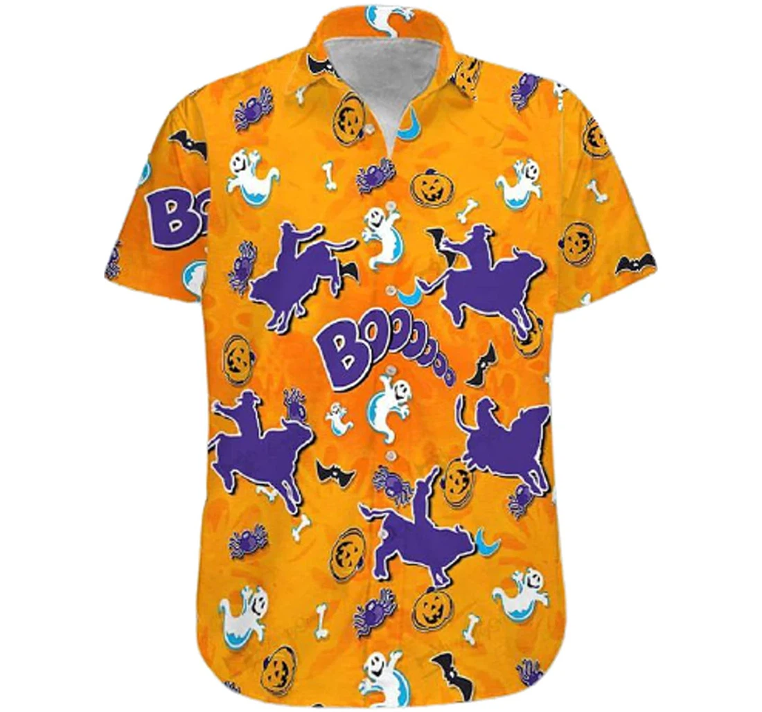 Cowboy And Pumpkin Bull Riding Halloween White Hawaiian Shirt, Button Up Aloha Shirt For Men, Women