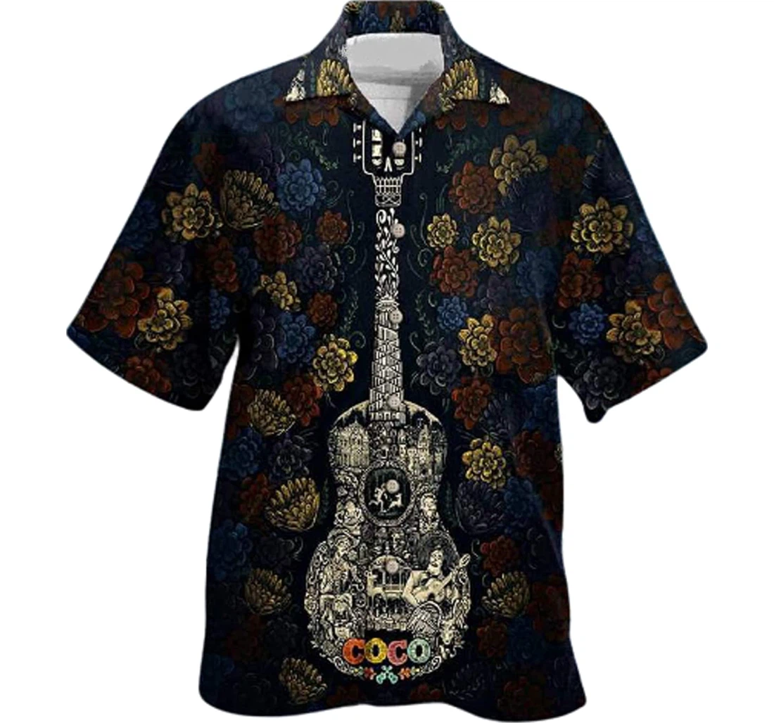 Guitar Coco Art Spruce And Pattern Flower Gifts And White Hawaiian Shirt, Button Up Aloha Shirt For Men, Women