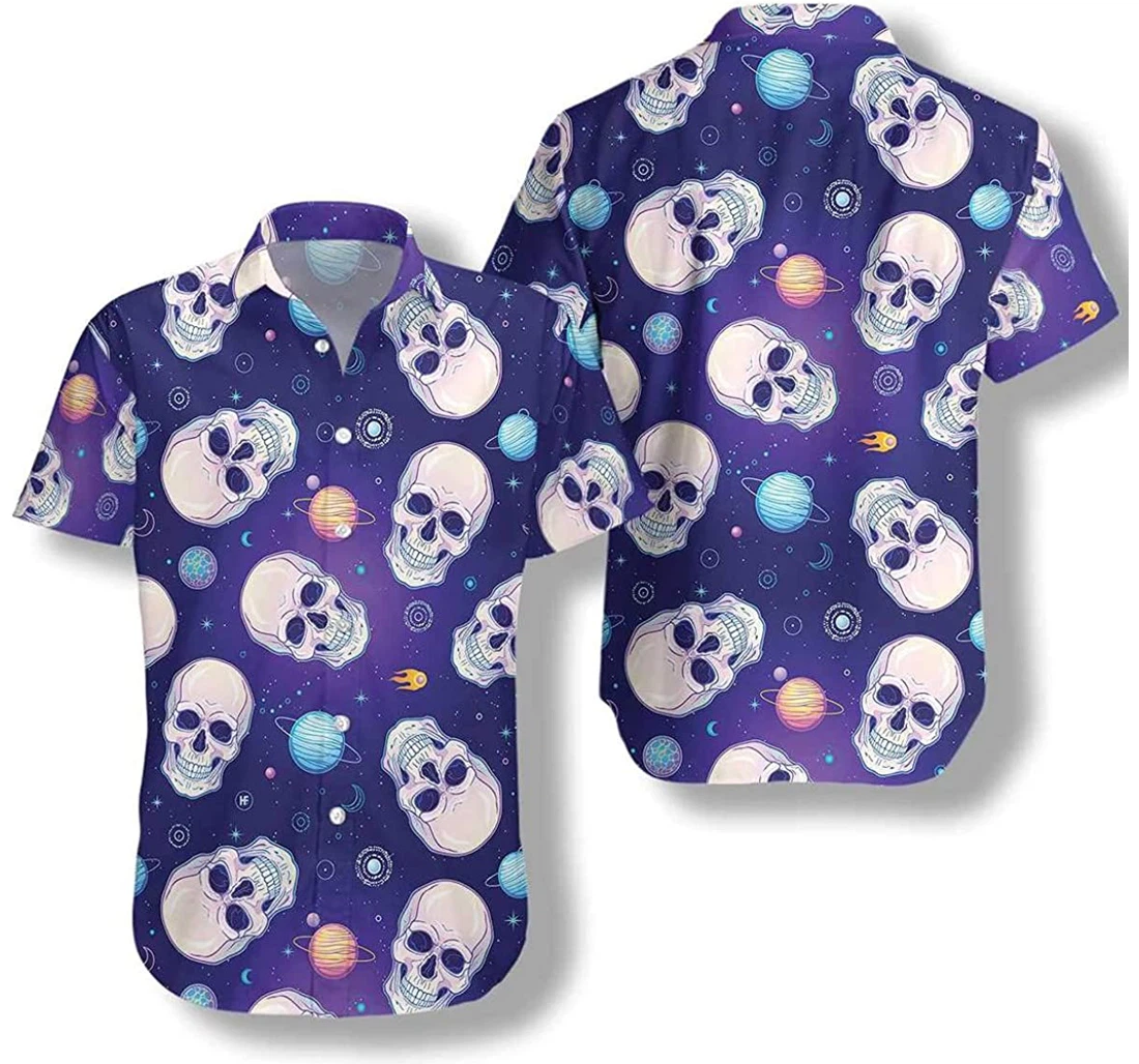 Skull Planets Outer Space Gift And White Hawaiian Shirt, Button Up Aloha Shirt For Men, Women