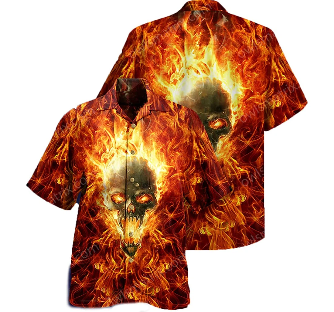 Skull Hot Fire Gift And White Hawaiian Shirt, Button Up Aloha Shirt For Men, Women