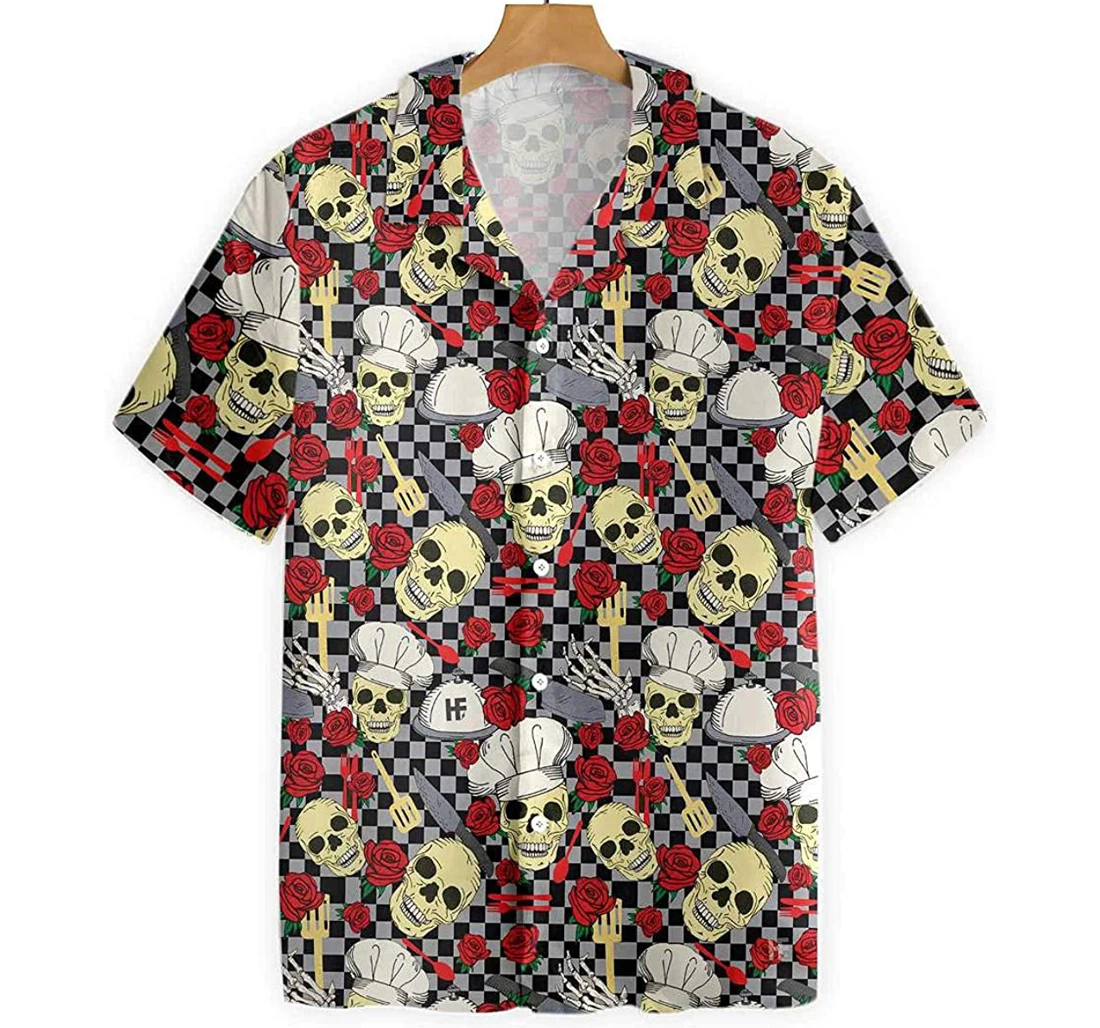 Skulls In Chef Hats And Red Roses Patterned Gift And Hawaiian Shirt, Button Up Aloha Shirt For Men, Women