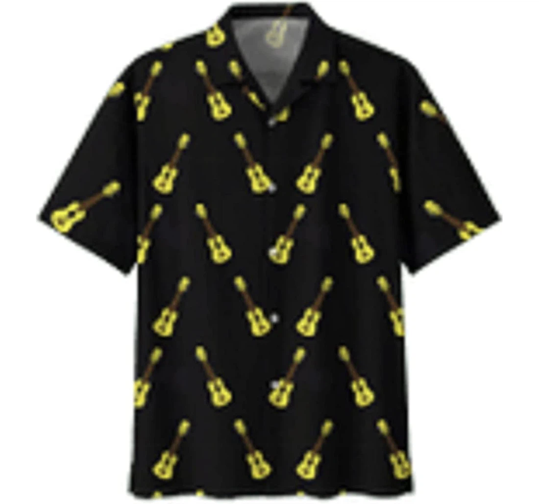 Yellow Guitar On Black Background Hawaiian Shirt, Button Up Aloha Shirt For Men, Women