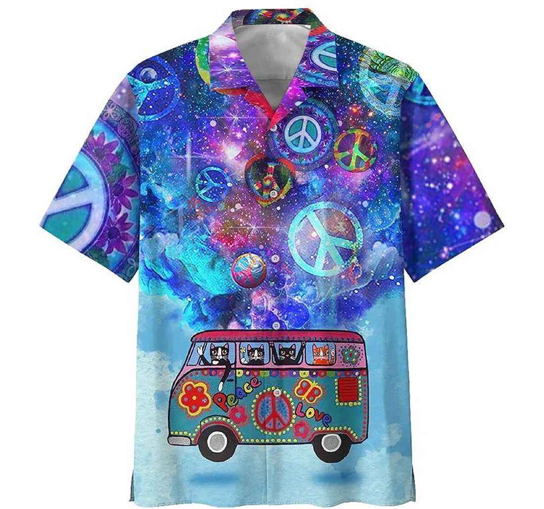 Hippie Peace Love Car Colorful Gift And White Hawaiian Shirt, Button Up Aloha Shirt For Men, Women