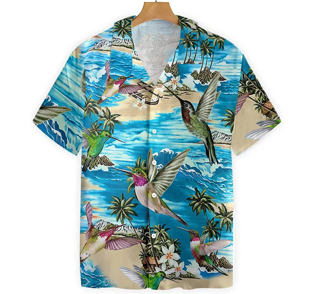 Hummingbird In The Beach - Hibiscus Flower And Palm Tree Gift And White Hawaiian Shirt, Button Up Aloha Shirt For Men, Women