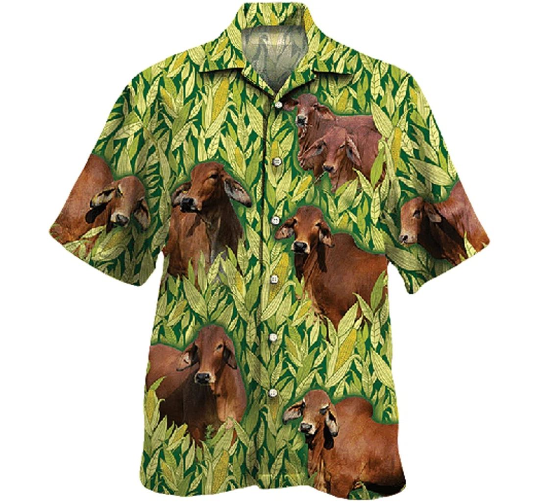 Cow Red Brahman Cattle Lovers Corn Pattern Gifts And Hawaiian Shirt, Button Up Aloha Shirt For Men, Women