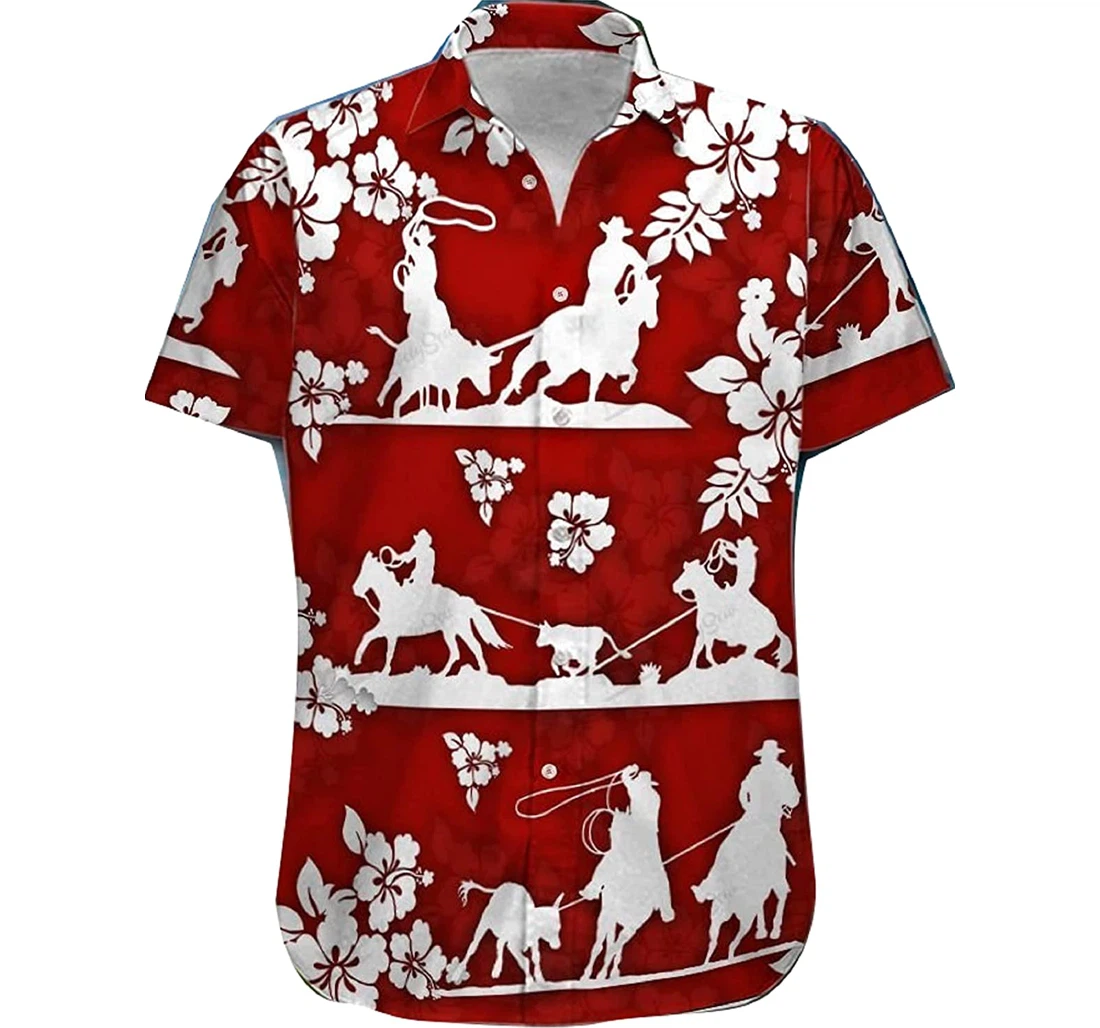 Cowboy - Team Roping Red Hawaiian Shirt, Button Up Aloha Shirt For Men, Women