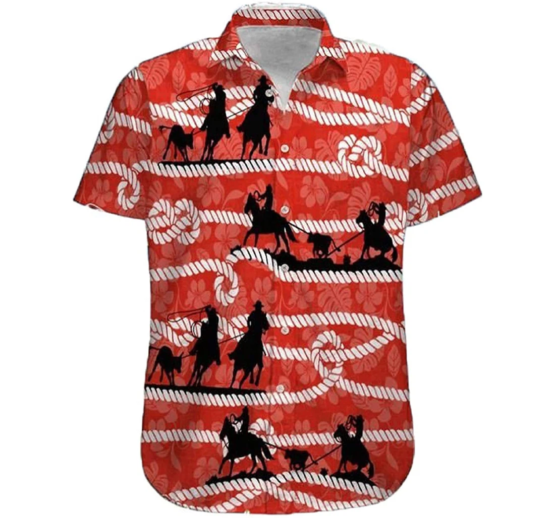 Cowboy - Team Roping Hibiscus Pattern Gift And White Hawaiian Shirt, Button Up Aloha Shirt For Men, Women
