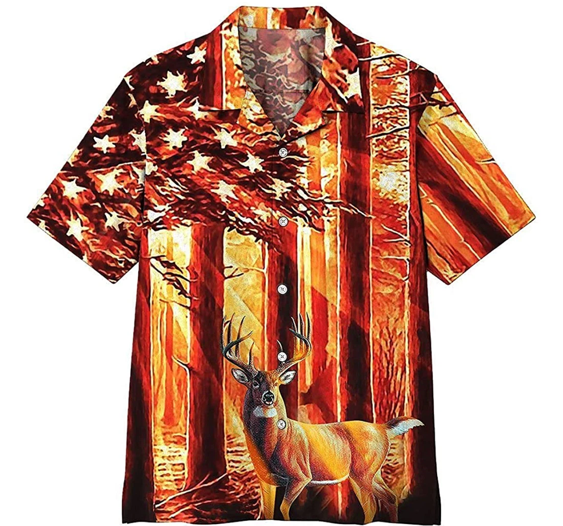 Hunting - Deer In The Forest American Flag, Deer Lover White Hawaiian Shirt, Button Up Aloha Shirt For Men, Women
