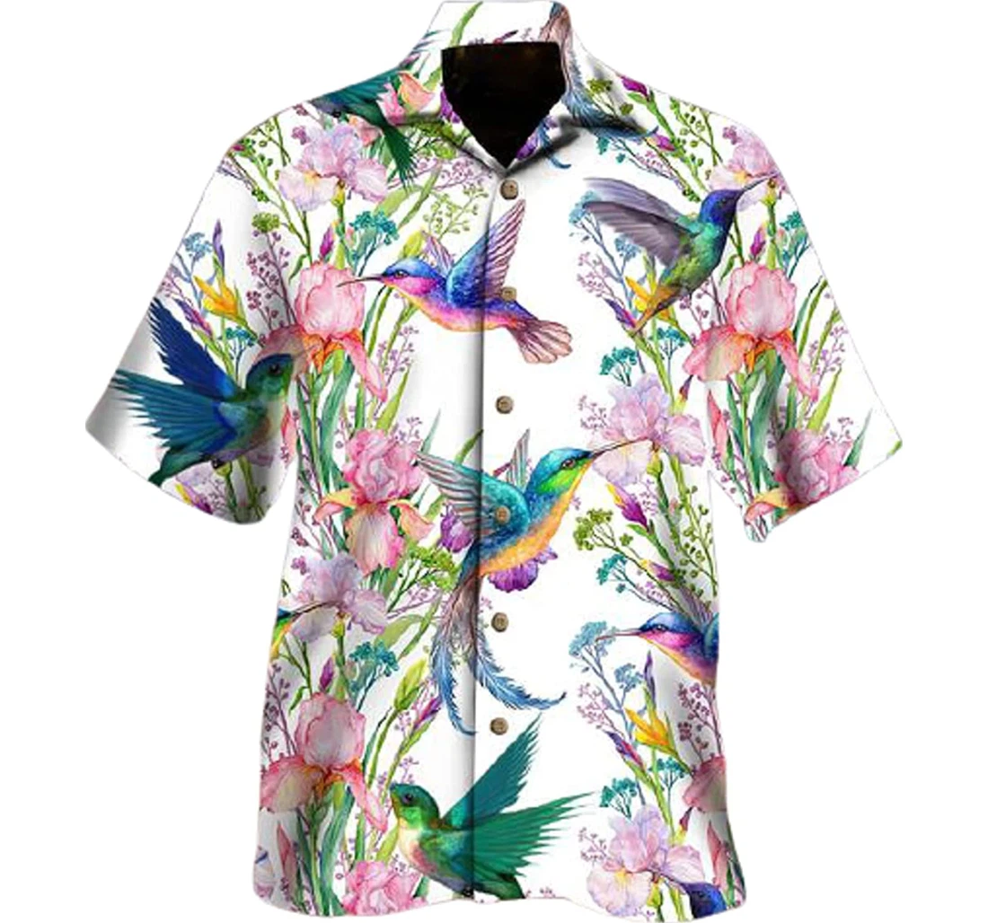 Hummingbird And Flower Beach Gifts And White Hawaiian Shirt, Button Up Aloha Shirt For Men, Women
