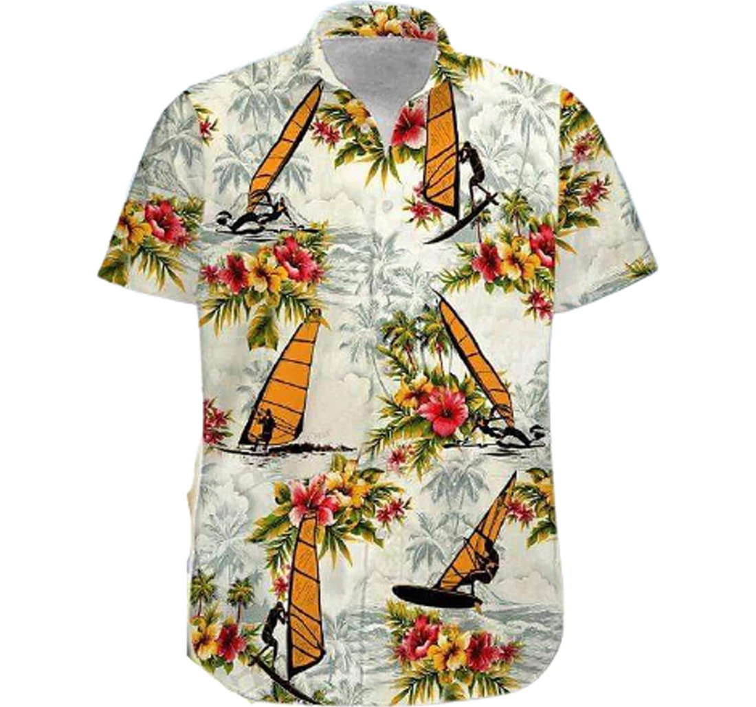 Blue Wave Windsurfing Palm Tree Shirts Hawaiian Shirt, Button Up Aloha Shirt For Men, Women