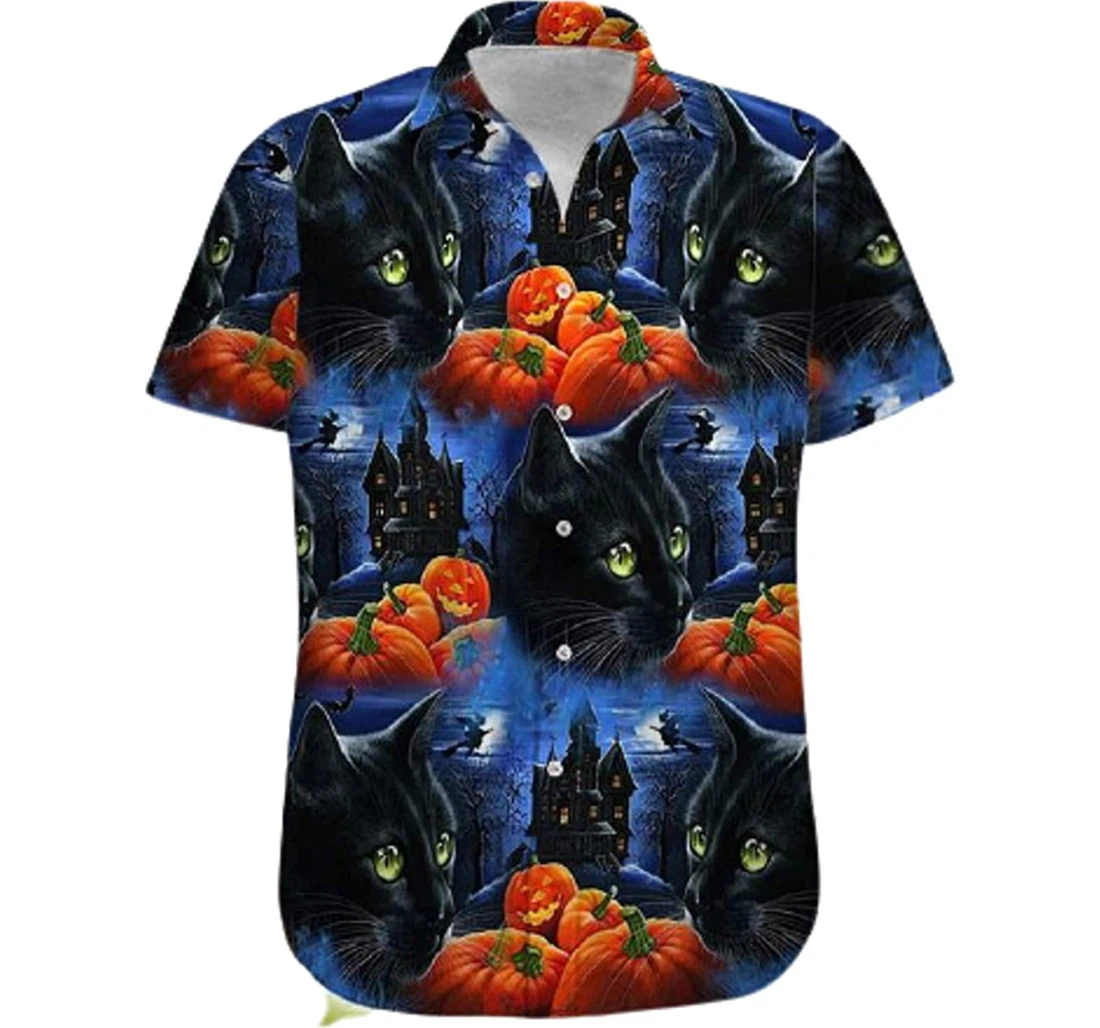 Pumpkin Witch And Black Cat Halloween Hawaiian Shirt, Button Up Aloha Shirt For Men, Women