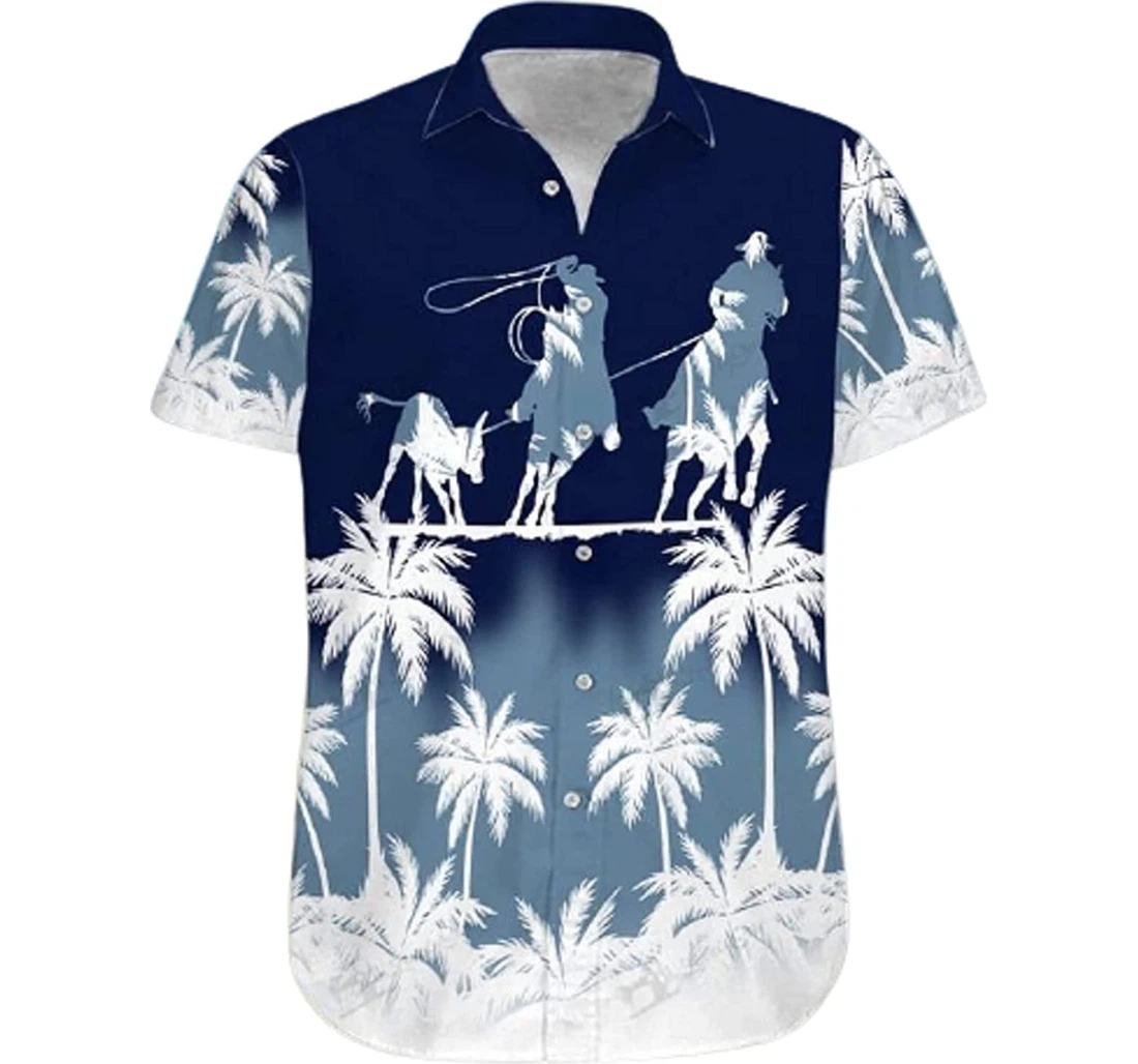 Palm Tree And Team Roping Repeat White Hawaiian Shirt, Button Up Aloha Shirt For Men, Women