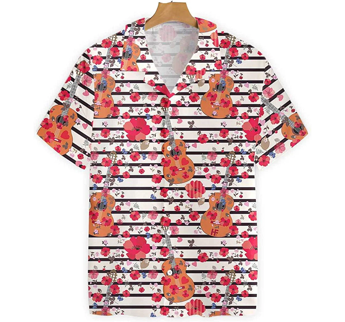 Guitars And Flowers Seamless Pattern Guitar Lover, Gift And White Hawaiian Shirt, Button Up Aloha Shirt For Men, Women