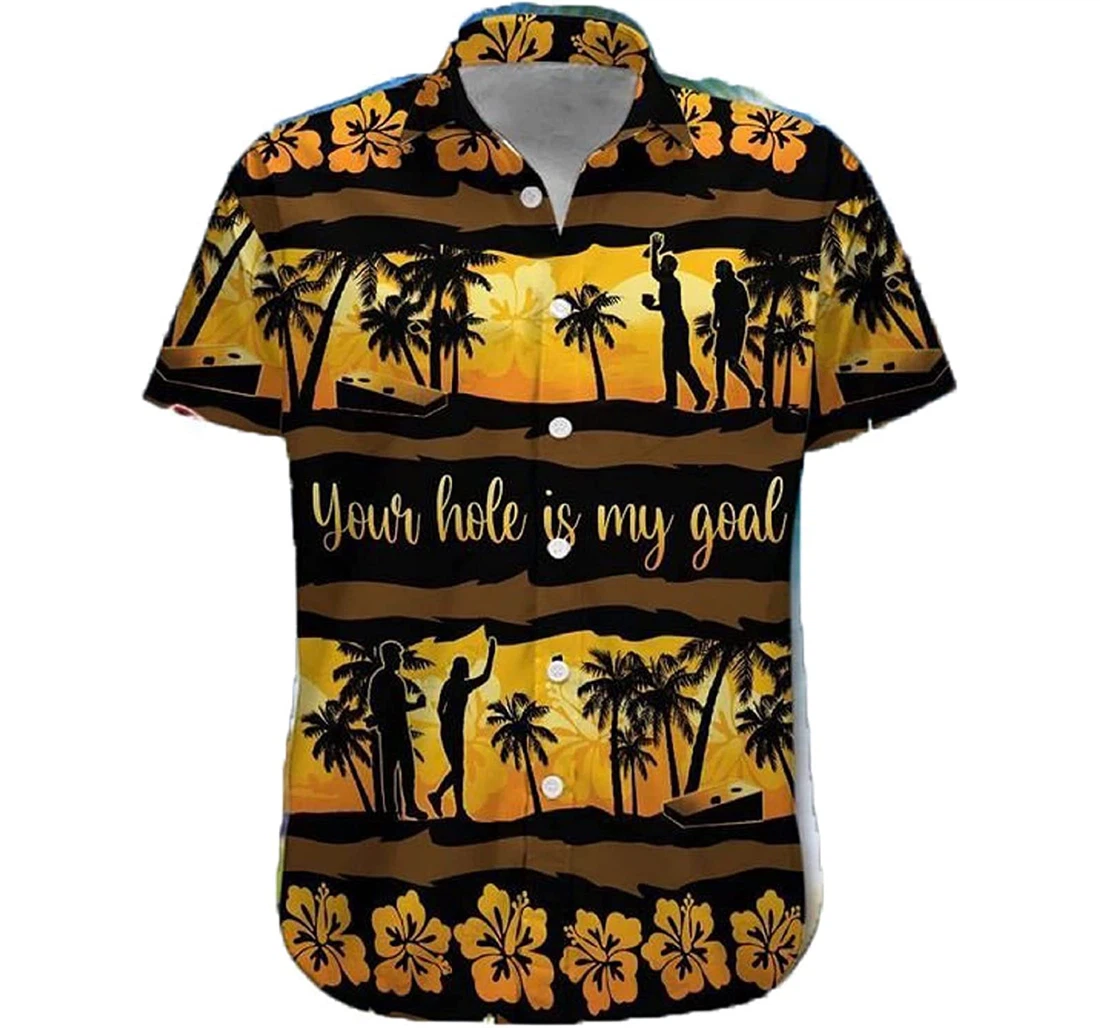 Cornhole - Your Hole Is My Goal, Hibiscus Pattern And Palm Tree Gift And Sunset White Hawaiian Shirt, Button Up Aloha Shirt For Men, Women