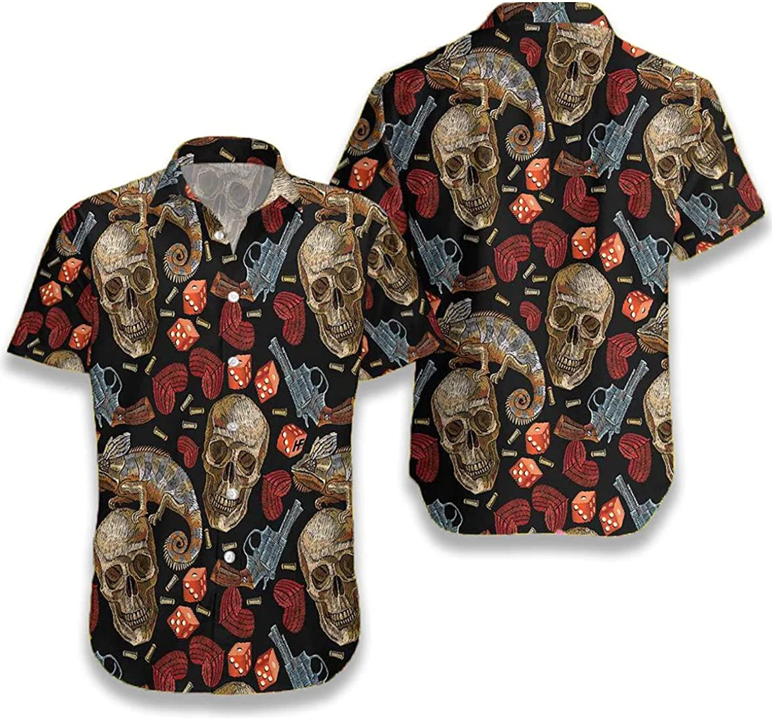 Skull Chameleon G.un Gift And White Hawaiian Shirt, Button Up Aloha Shirt For Men, Women