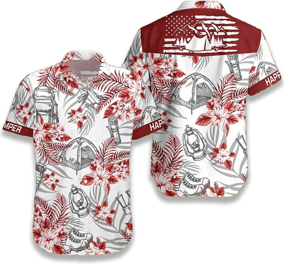 Camping - Happy Camper, Camping Tools Gift And White Hawaiian Shirt, Button Up Aloha Shirt For Men, Women