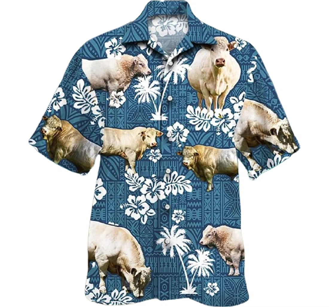 Cow, Palm Tree And Hibiscus Flower Charolais Cattle Lovers Blue Tribal Gifts And Hawaiian Shirt, Button Up Aloha Shirt For Men, Women