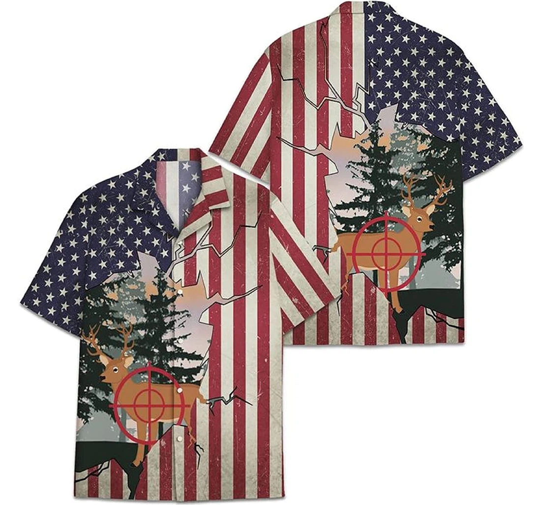 Hunting - Deer Crack American Flag Deer Lover, Gift Hunter White Hawaiian Shirt, Button Up Aloha Shirt For Men, Women