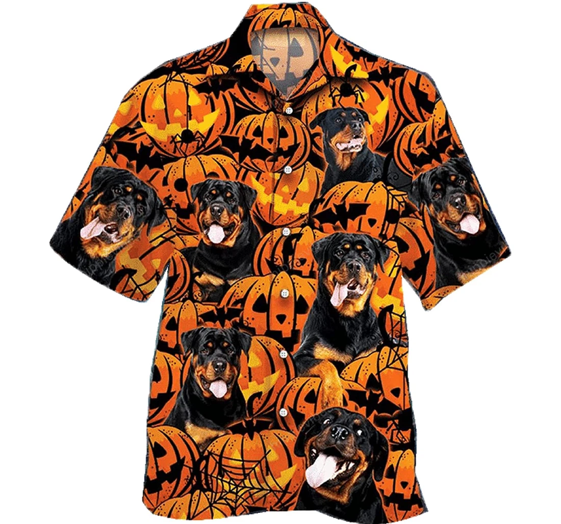 Rottweiler Match With Pumpkin In Halloween Gift And White Hawaiian Shirt, Button Up Aloha Shirt For Men, Women