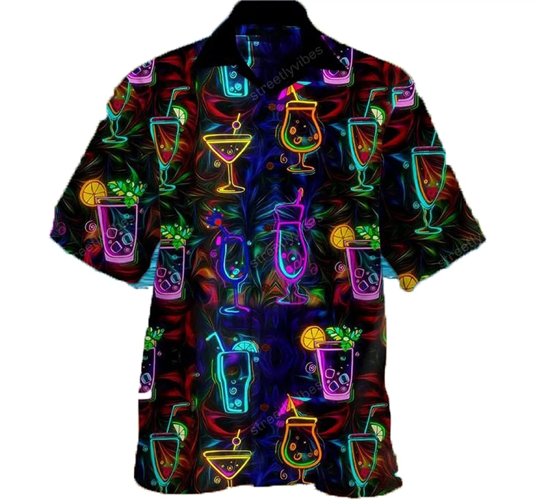 Colorful Cocktail Glowing Neon Gifts And Hawaiian Shirt, Button Up Aloha Shirt For Men, Women