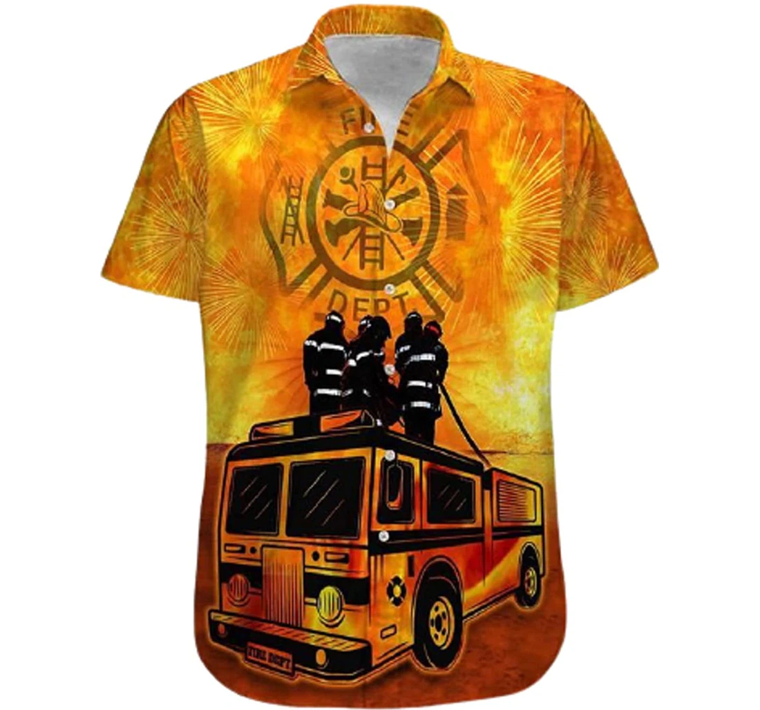 Firefighter Fire Truck Firework Gifts And White Hawaiian Shirt, Button Up Aloha Shirt For Men, Women