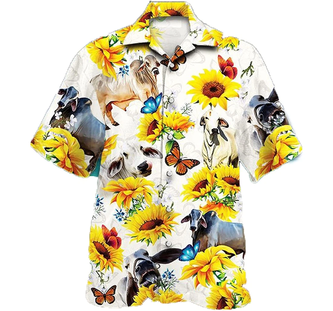 Brahman Cattle - Butterfly And Sunflower White Hawaiian Shirt, Button Up Aloha Shirt For Men, Women