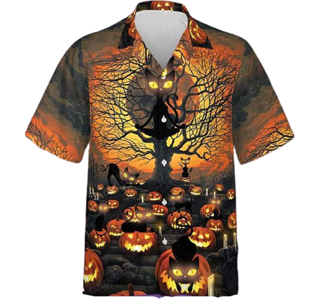 Black Cat Pumpkin Fire Tree Halloween Hawaiian Shirt, Button Up Aloha Shirt For Men, Women