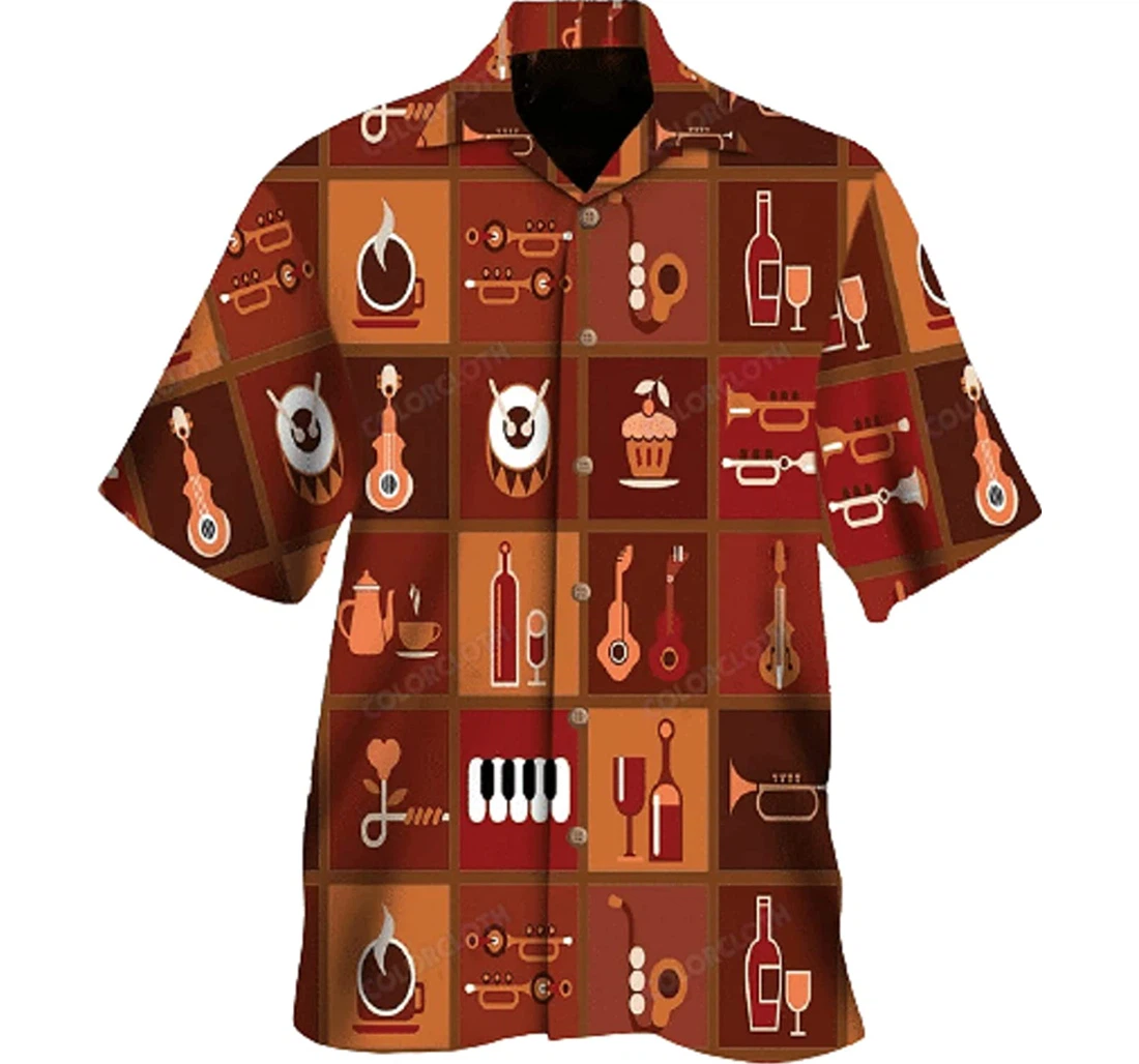 Music, Coffee, Wine, Guitar, Drum, Trumpet, Piano Gift And Hawaiian Shirt, Button Up Aloha Shirt For Men, Women