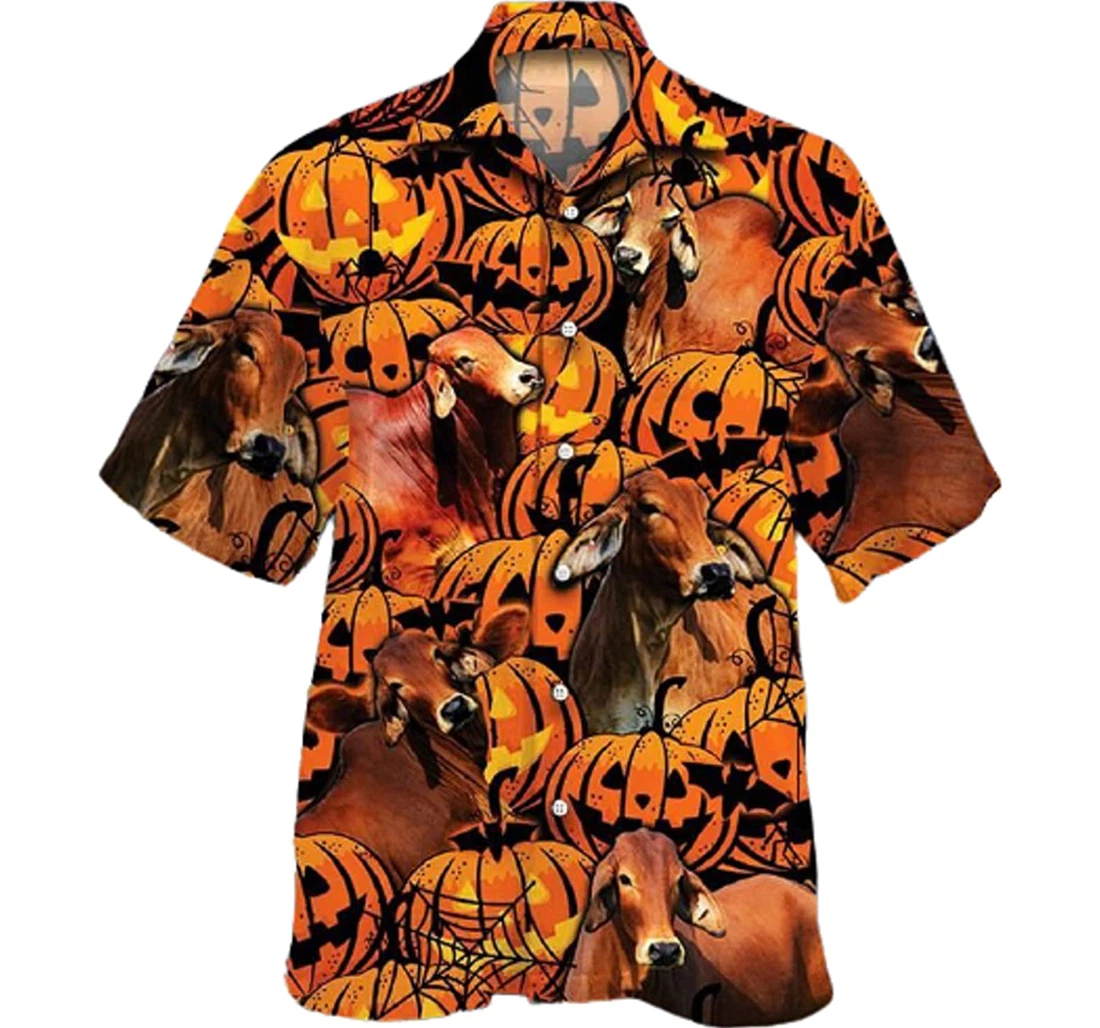 Red Brahman Cattle Lovers Halloween Pumpkin Gifts And Hawaiian Shirt, Button Up Aloha Shirt For Men, Women