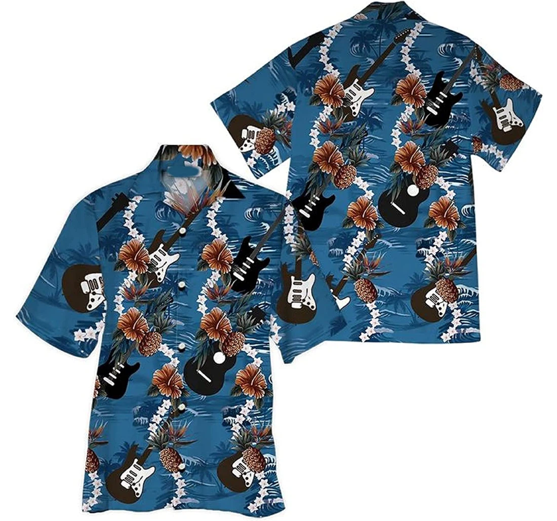 Guitar Hibiscus Flower And Pineapple Floral, Gift And White Hawaiian Shirt, Button Up Aloha Shirt For Men, Women